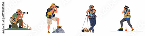 Collection of four professional photographers in action poses, equipped with cameras and gear, isolated on white background.