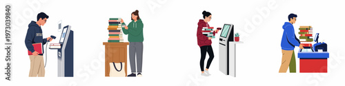 Flat vector illustration of various students using self-service kiosks and machines to check out, scan, and return books in a library or bookstore.