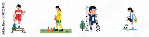 Collection of diverse children in sports uniforms practicing soccer, training with cones, and resting after a game in flat vector illustration style.