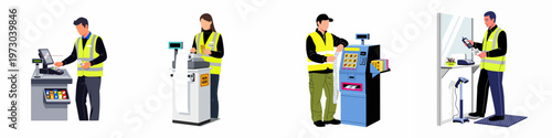 Set of illustrations showing retail workers in high-visibility vests operating lottery ticket machines and point-of-sale terminals.