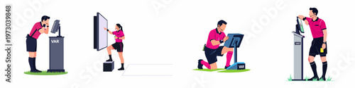 Vector illustrations of football referees using Video Assistant Referee (VAR) systems to review plays on monitors, isolated on a white background.