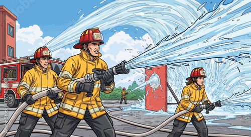 firefighters battling blaze with powerful water jet vector illustration