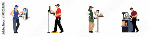 Diverse fast food employees operating digital ordering kiosks and point-of-sale systems, flat vector illustration set isolated on white background.