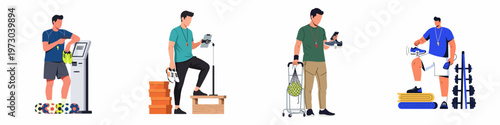 Set of flat vector illustrations featuring men managing sports equipment, footwear, and inventory in retail or coaching settings.