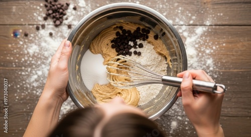 Mixing ingredients in a bowl with a whisk for baking.