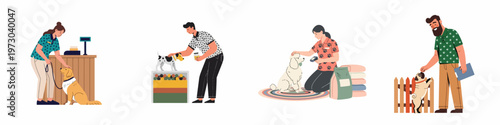 Flat vector illustration set of people interacting with dogs in a pet store or veterinary clinic environment, highlighting pet care and services.