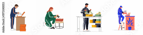 Flat illustration set of people working in a sneaker warehouse, packing boxes, organizing shelves, and preparing orders for an e-commerce footwear business.