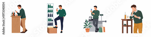 Set of illustrations showing a man presenting his ID card for age verification when purchasing alcohol at a bar, shop, and supermarket checkout.