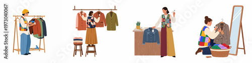 Set of flat illustrations featuring a woman managing a sustainable vintage clothing shop, organizing inventory, and tagging apparel in a creative small business environment.