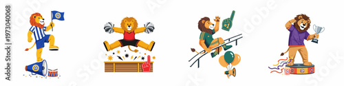 Set of four lion mascot illustrations representing sports fans, featuring various cheering accessories like flags, trophies, pom-poms, and foam fingers.