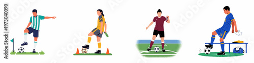 Set of flat vector illustrations featuring diverse male and female soccer players in various training and match scenarios isolated on white background.