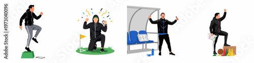 Flat vector illustrations of a professional sports coach training, celebrating victory, and planning game tactics in a set of four scenes.
