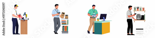Set of male retail workers managing stationery inventory, scanning products, and organizing supplies in a shop or warehouse environment.