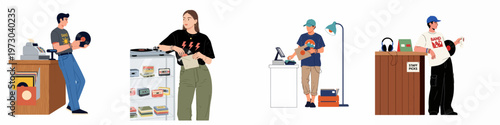 Flat vector illustration set of young people shopping and working in a vintage record store with vinyls and cassettes.