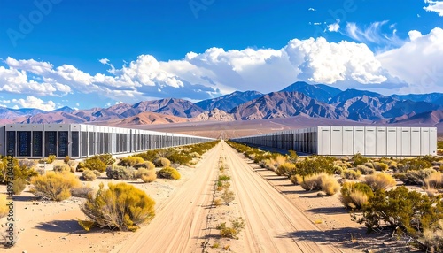A dirt road leads to a long wall in a desert landscape