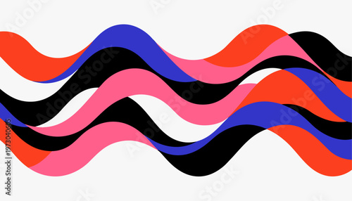 Wavy colorful abstract shapes in red blue pink black and white hues on a plain background