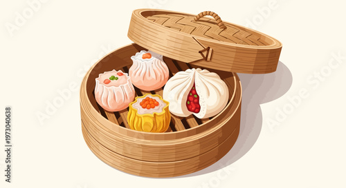Delicious assorted dim sum in a traditional bamboo steamer.