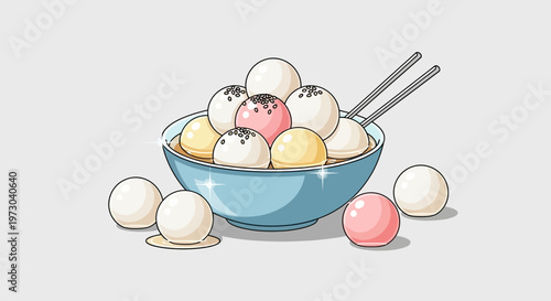 Colorful Tangyuan Dessert with Chopsticks in a Bowl - Sweet Chinese Rice Balls Illustration