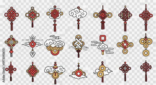 Traditional Chinese knot decorations and Lunar New Year symbols vector set