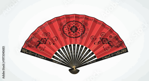 Traditional red folding fan with ornate oriental floral patterns isolated on white.