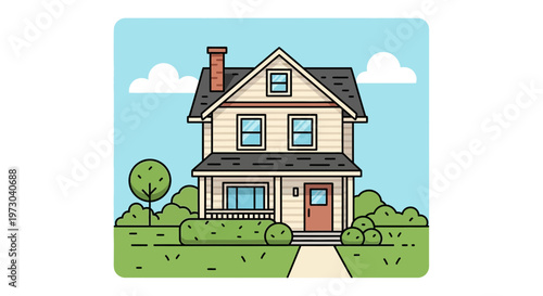 Cozy Two-Story House with Porch and Yard, Suburban Home Illustration