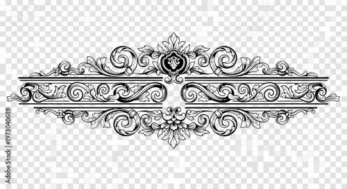 Ornate black and white decorative border with swirls and floral elements.