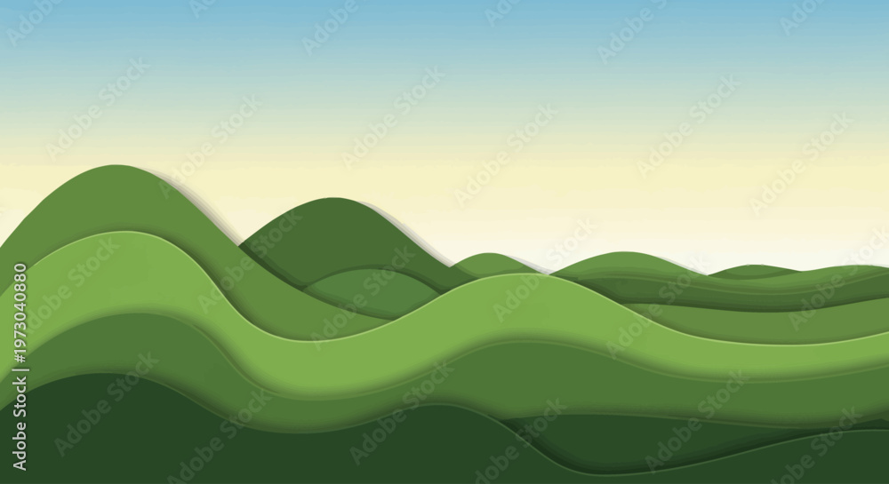 Obraz premium Abstract layered paper cut illustration of green rolling hills under a clear sky