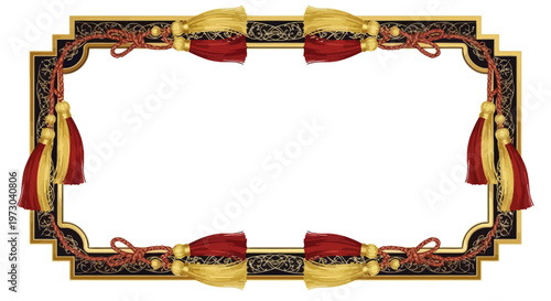 Ornate decorative frame with red and gold tassels and elegant filigree