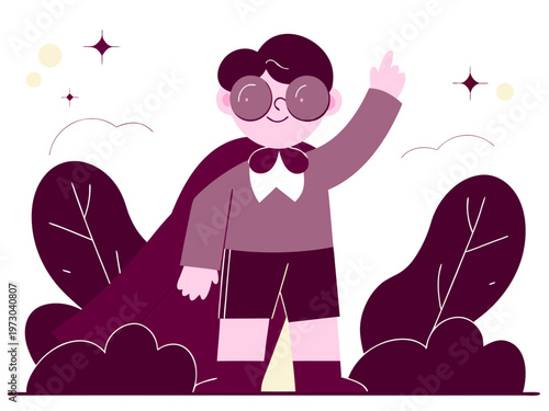 Cute Young Boy Wearing Costume Playing as Hero Flat Art Illustration