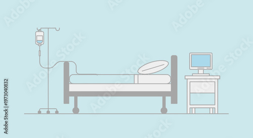 Hospital Room Bed with IV Drip and Monitor - Clean Medical Illustration