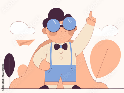 Cute little genius boy with big glasses pointing up for inspiration