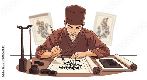 Traditional artist practicing ink brush calligraphy on a scroll