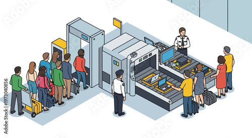 Airport Security Checkpoint with People and Baggage Scanners