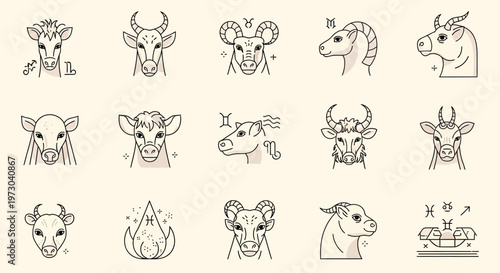 Minimalist zodiac sign and astrology animal icons in line art style