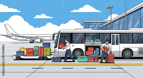 Airport shuttle bus loading luggage with airplane and terminal building background