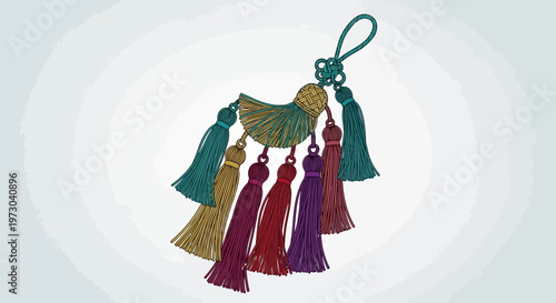 Traditional Korean norigae with colorful silk tassels on a clean background