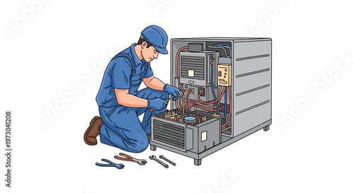 Illustrated vector of an HVAC technician cartoon repairing an open air conditioning unit as part of a professional AC cleaning service, depicting cooling system maintenance with tools, set