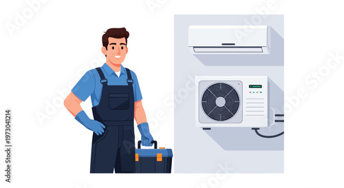 Smiling HVAC technician illustration in a blue uniform holding a toolbox standing next to a wall-mounted air conditioner unit and an outdoor unit, conveying a friendly and professional