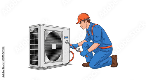 An HVAC technician cartoon, kneeling in a service uniform and hard hat, is depicted using a wrench to repair an air conditioner unit against a clean white background in a flat vector