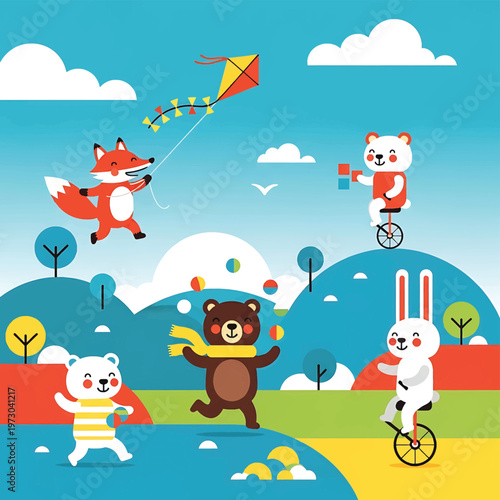 Bear Playing with Colorful Streamer Toy.