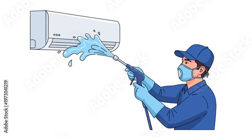 A vector illustration shows an air conditioning service worker in blue uniform and mask using a spray nozzle to clean an AC unit, set against a clean white background with a focus