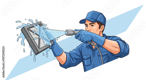 A cartoon HVAC technician illustration showcases a professional cleaning an air conditioner filter with a high-pressure spray, set against a clean white background with a modern, minimalist