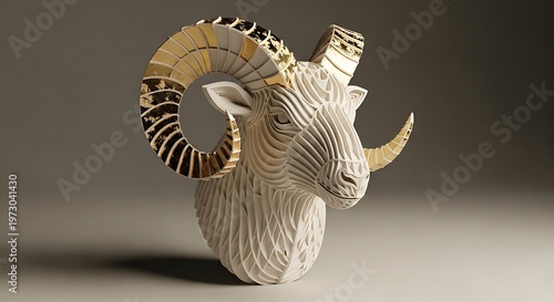 Stylized ram head bust with textured white finish and vibrant abstract patterns on the large horns