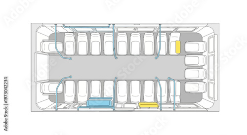Top-down view of a bus interior layout with seats, windows, and ventilation system
