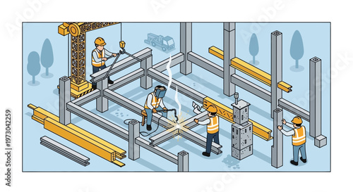 Construction Site: Workers Building Steel Frame Structure with Crane and Welder