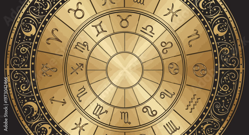 Golden Zodiac Wheel with Astrological Signs and Ornate Celestial Pattern