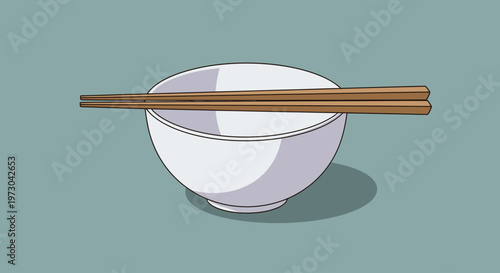 Minimalist illustration of a white bowl with chopsticks on a blue background.