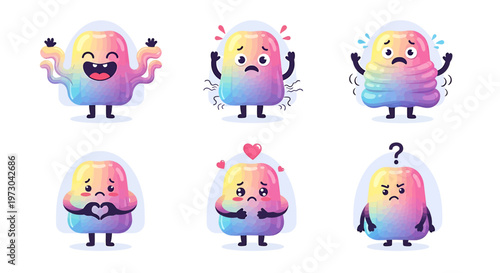 Set of cute, colorful, blob-like characters expressing a range of emotions, perfect for digital content and design