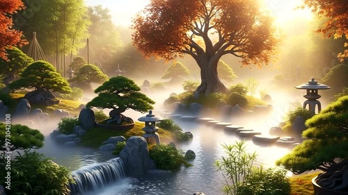 Serene Japanese Garden with Waterfall and Autumn Trees