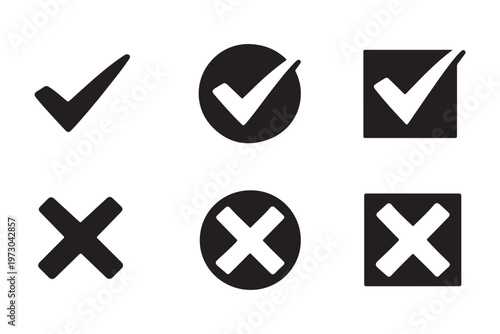 A collection of minimalist checkmarks, cross marks, location pins, and navigation symbols for web and app design.